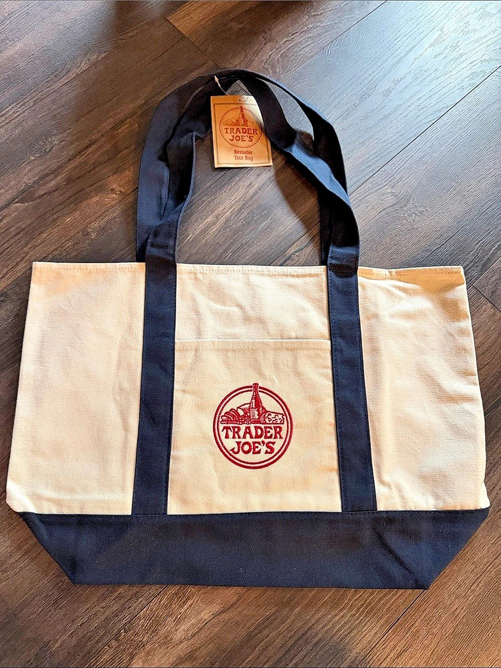 Trader Joe's Large Reusable Canvas Tote Bag Navy Blue & Cream